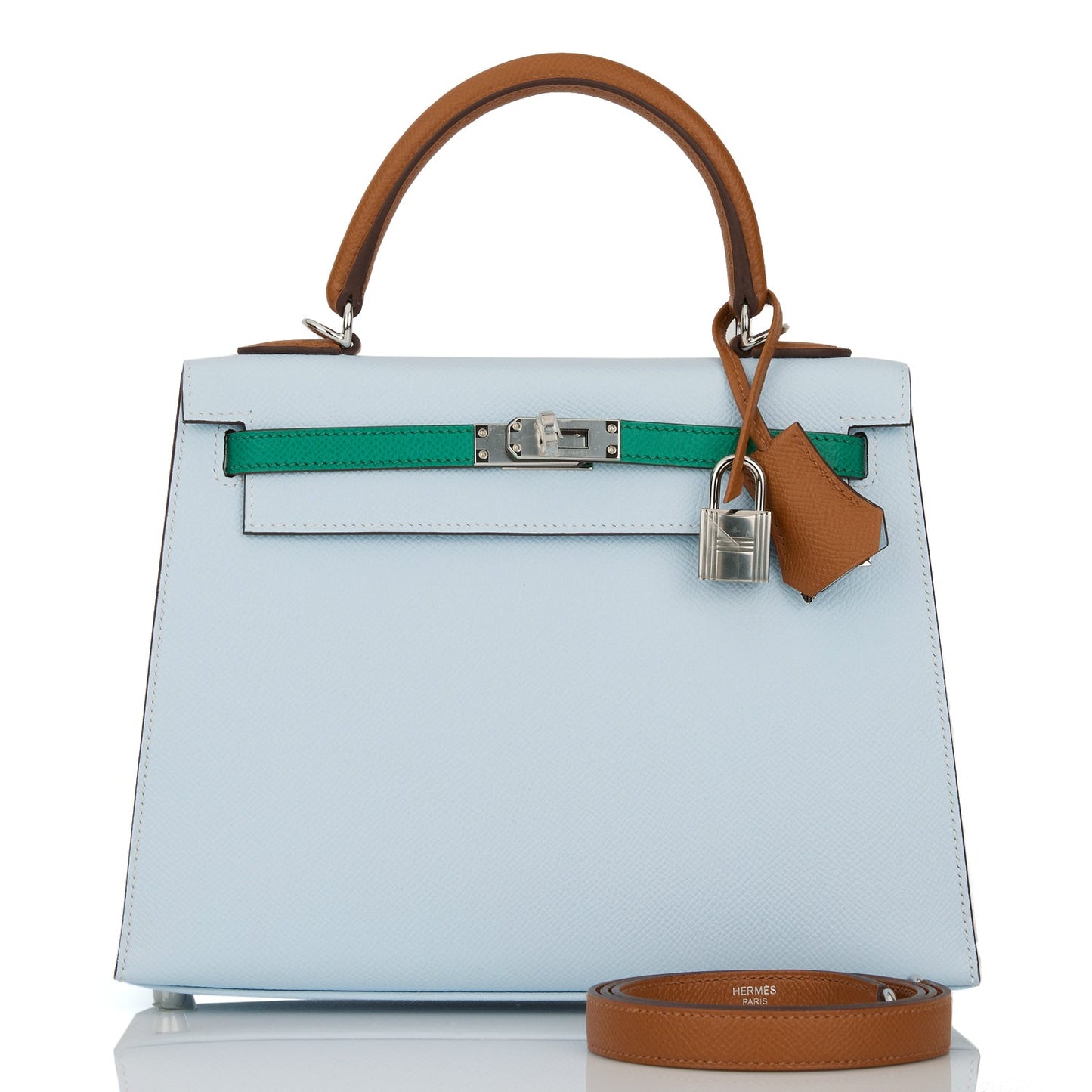 Hermes Kelly Sellier 25 Tri-Color Bleu Brume, Vert Jade and Gold Epsom Palladium Hardware