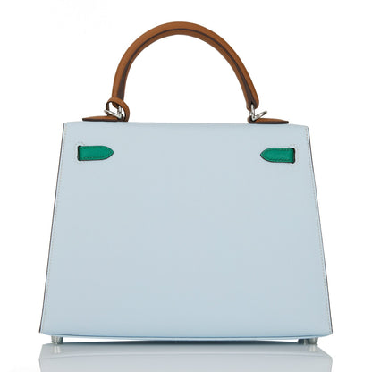 Hermes Kelly Sellier 25 Tri-Color Bleu Brume, Vert Jade and Gold Epsom Palladium Hardware