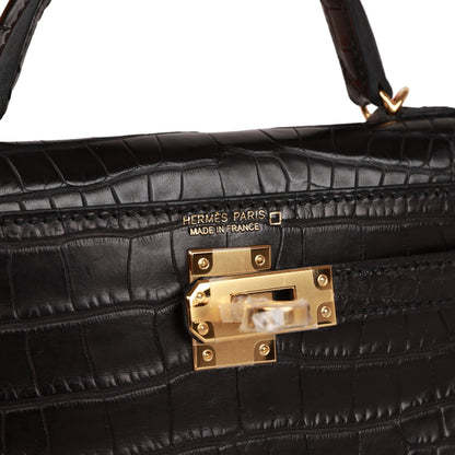 Hermes Kelly Sellier 20 Black Matte Alligator Gold Hardware