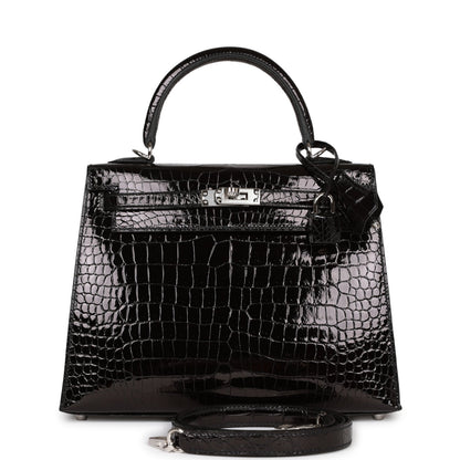 Hermes Kelly Sellier 25 Black Shiny Porosus Crocodile Palladium Hardware