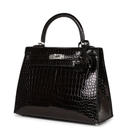 Hermes Kelly Sellier 25 Black Shiny Porosus Crocodile Palladium Hardware