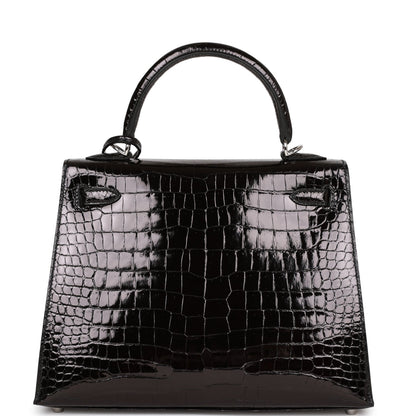 Hermes Kelly Sellier 25 Black Shiny Porosus Crocodile Palladium Hardware