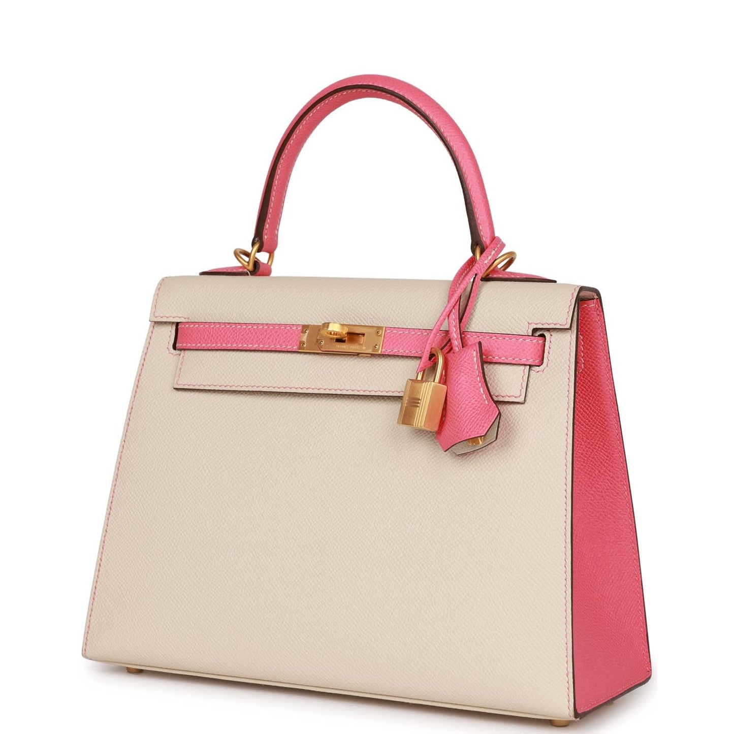 Hermes Special Order (HSS) Kelly Sellier 25 Craie and Rose Lipstick Epsom Brushed Gold Hardware