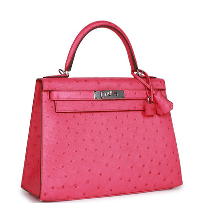 Hermes Kelly Sellier 28 Rose Tyrien Ostrich Palladium Hardware