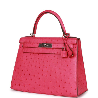 Hermes Kelly Sellier 28 Rose Tyrien Ostrich Palladium Hardware