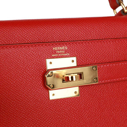 Hermes Kelly Sellier 28 Rouge Casaque Epsom Gold Hardware