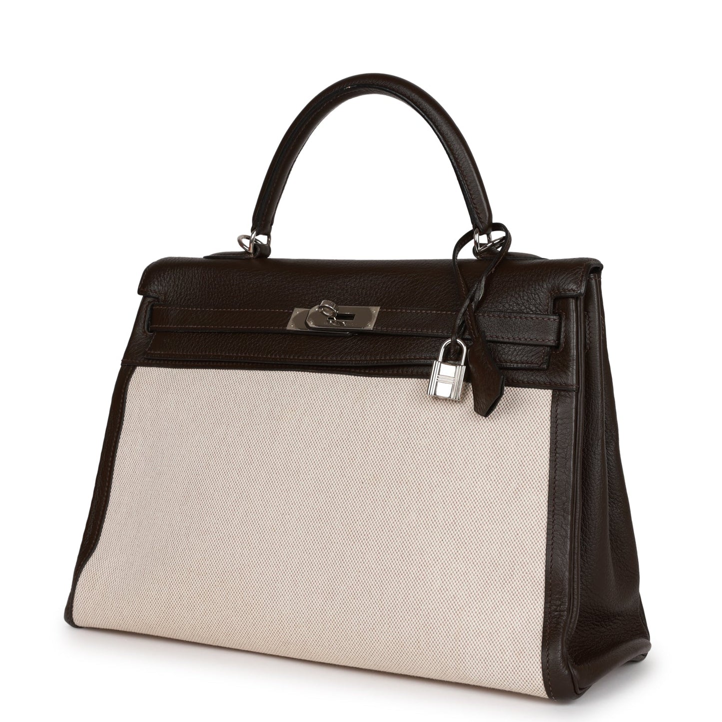 Pre-owned Hermes Kelly Retourne 35 Ebene Clemence and Toile H Palladium Hardware