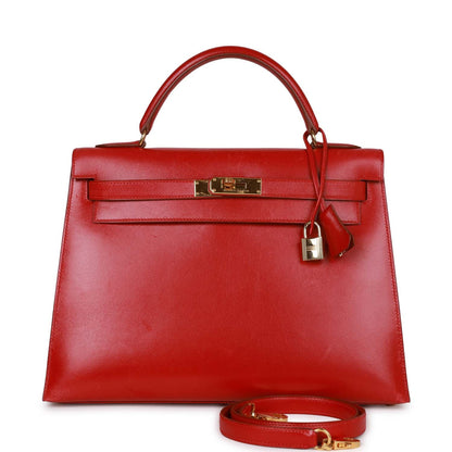 Vintage Hermes Kelly Sellier 32 Rouge Vif Box Gold Hardware