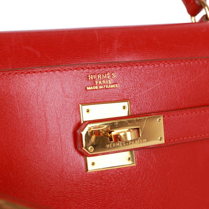 Vintage Hermes Kelly Sellier 32 Rouge Vif Box Gold Hardware