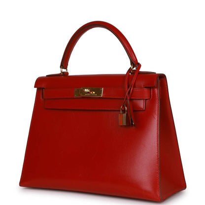 Vintage Hermes Kelly Sellier 28 Rouge Vif Box Gold Hardware