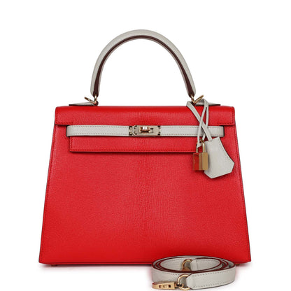 Hermes Special Order (HSS) Kelly Sellier 25 Rouge De Coeur and Gris Perle Chevre Mysore Permabrass Hardware