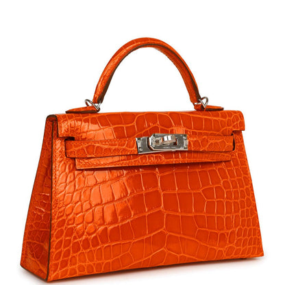 Hermes Kelly Sellier 20 Orange Poppy Shiny Alligator Palladium Hardware