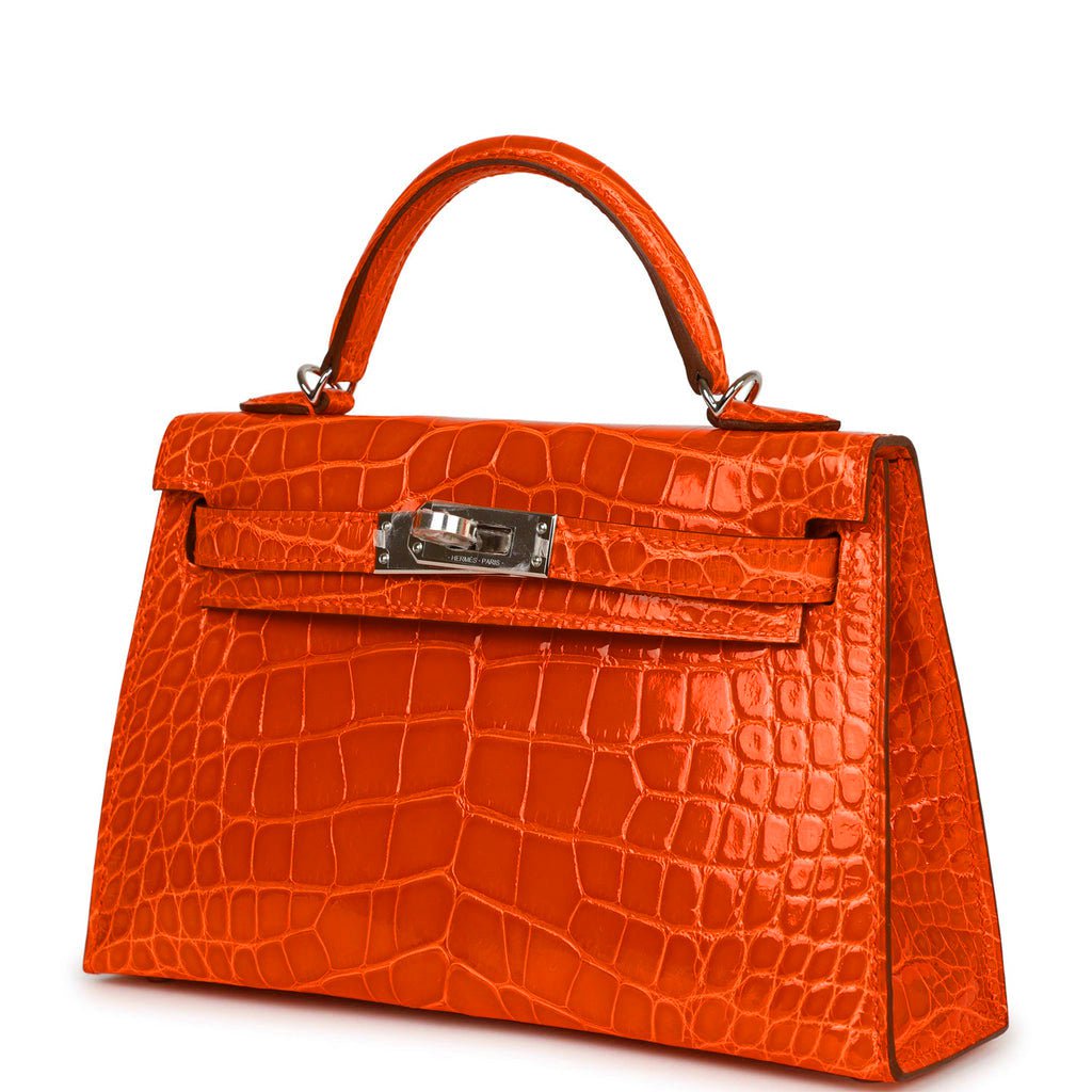 Hermes Kelly Sellier 20 Orange Poppy Shiny Alligator Palladium Hardware