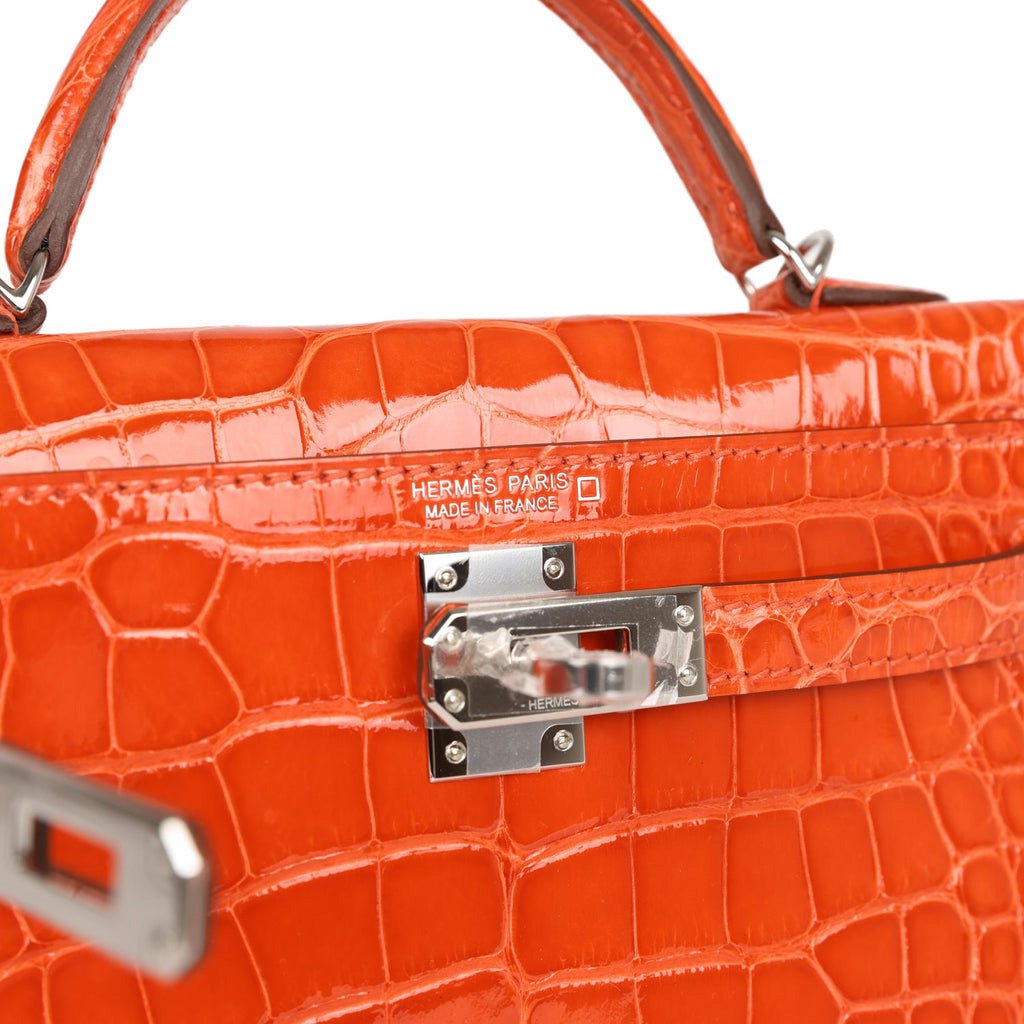 Hermes Kelly Sellier 20 Orange Poppy Shiny Alligator Palladium Hardware