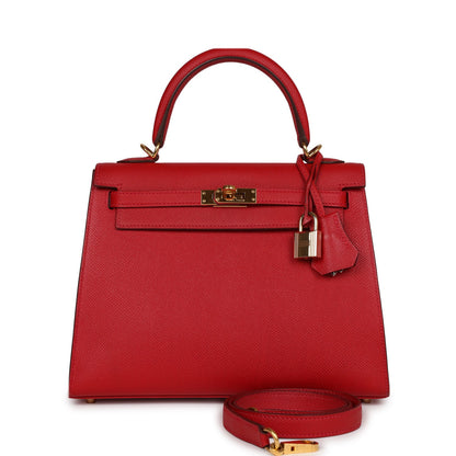 Hermes Kelly Sellier 25 Rouge Casaque Epsom Gold Hardware