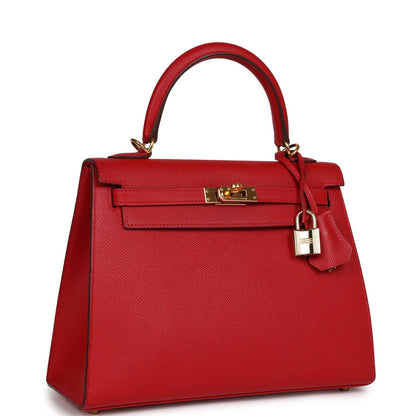 Hermes Kelly Sellier 25 Rouge Casaque Epsom Gold Hardware