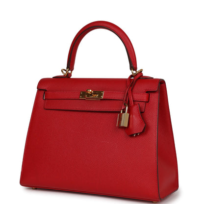 Hermes Kelly Sellier 25 Rouge Casaque Epsom Gold Hardware