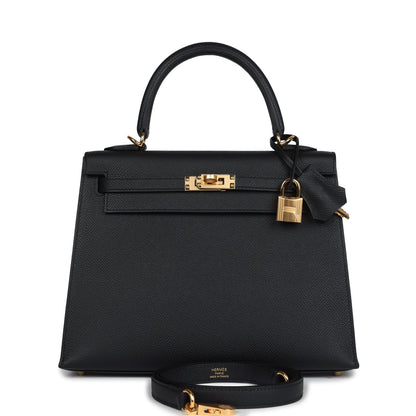 Hermes Kelly Sellier 25 Black Epsom Gold Hardware