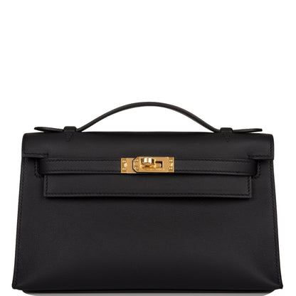 Hermes Kelly Pochette Black Swift Gold Hardware