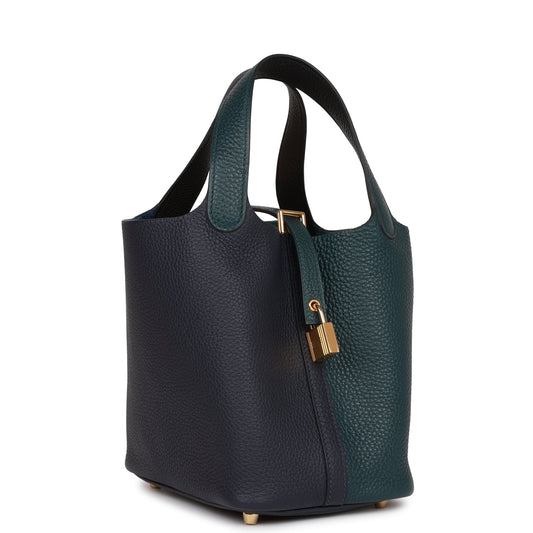 Hermes Picotin Lock 18 Casaque Vert Cypress, Bleu Nuit and Black Clemence Gold Hardware