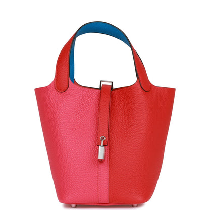 Hermes Picotin Lock 18 Casaque Rouge de Coeur, Rose Extreme and Bleu Zanzibar Clemence Palladium Hardware