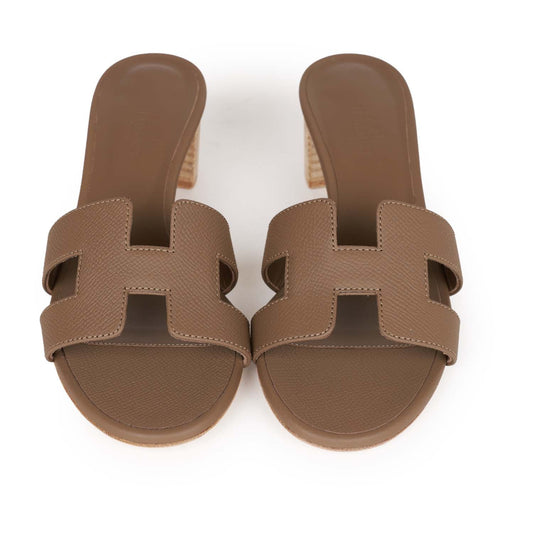 Hermes Oasis Sandals Etoupe Epsom Block Heels 35