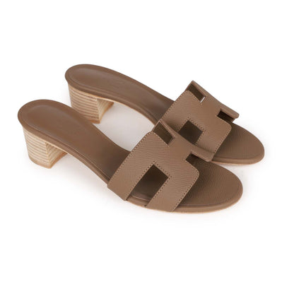 Hermes Oasis Sandals Etoupe Epsom Block Heels 35