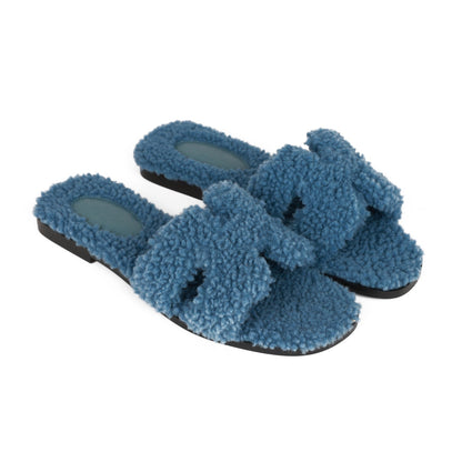 Hermes Oran Sandals Bleu Woolskin 36.5