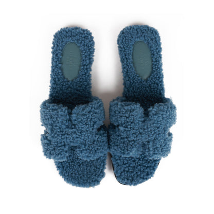 Hermes Oran Sandals Bleu Woolskin 36.5