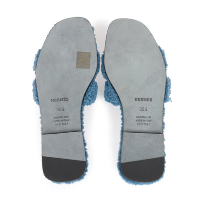 Hermes Oran Sandals Bleu Woolskin 36.5