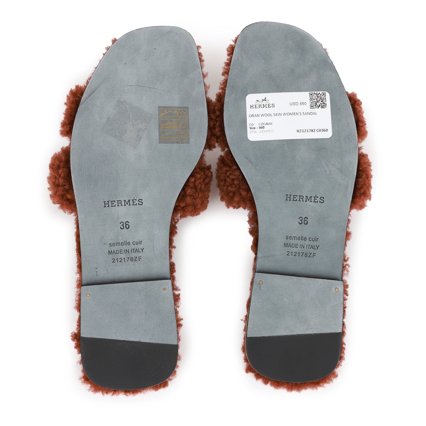 Hermes Oran Sandals Cognac Woolskin 36