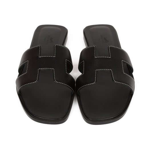 Hermes Oran Sandals Black Box Calfskin 38