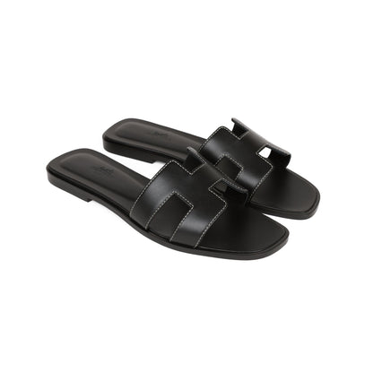 Hermes Oran Sandals Black Box Calfskin 38