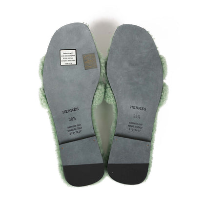 Hermes Oran Sandal Vert D'eau Shearling 38.5