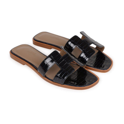 Hermes Oran Sandals Marine Shiny Alligator 37