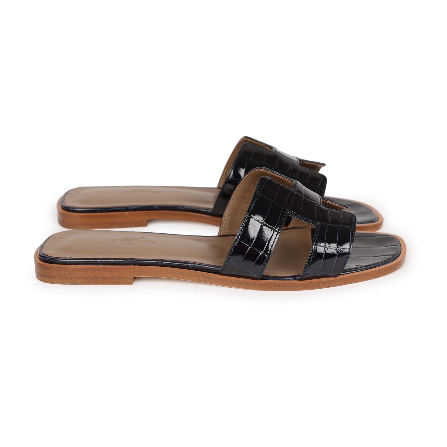 Hermes Oran Sandals Marine Shiny Alligator 37