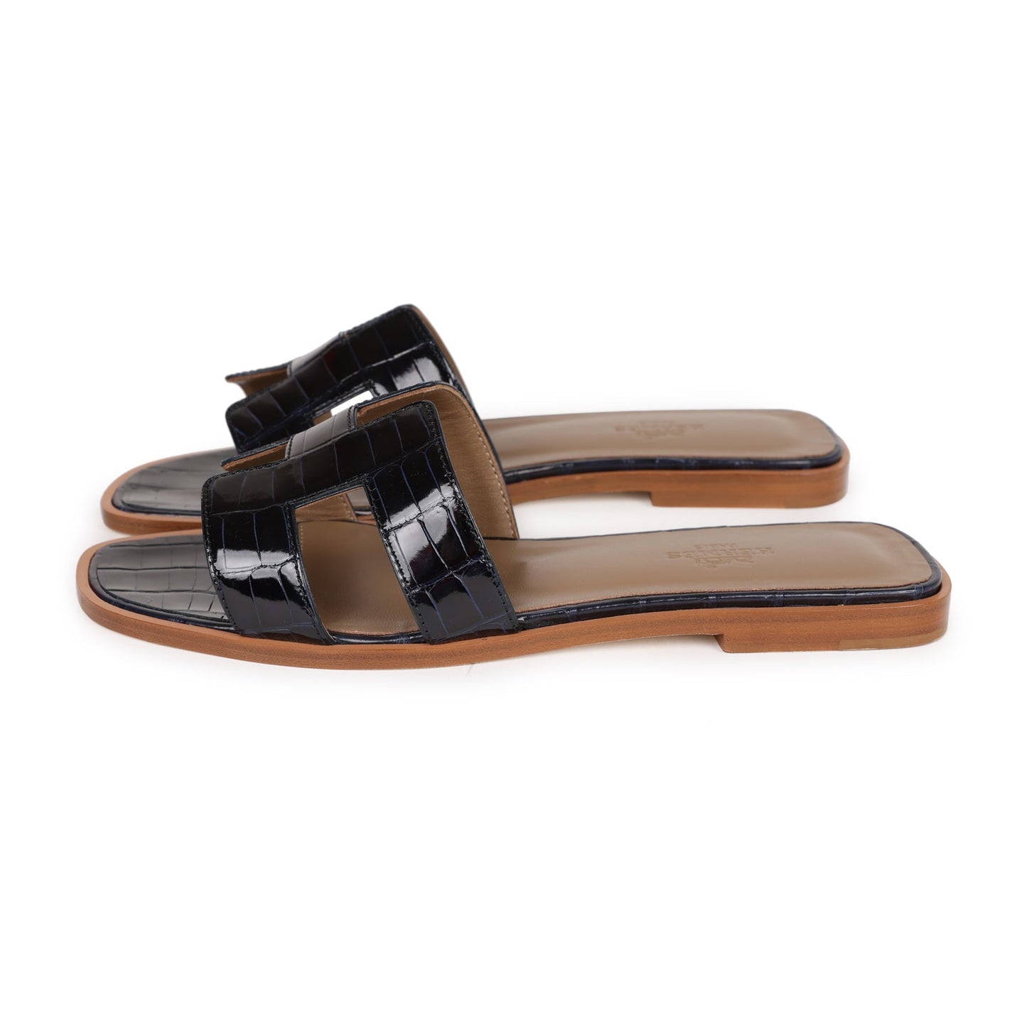 Hermes Oran Sandals Marine Shiny Alligator 37