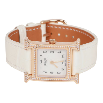 Hermes Mini H Hour Diamond Watch White Matte Alligator Band