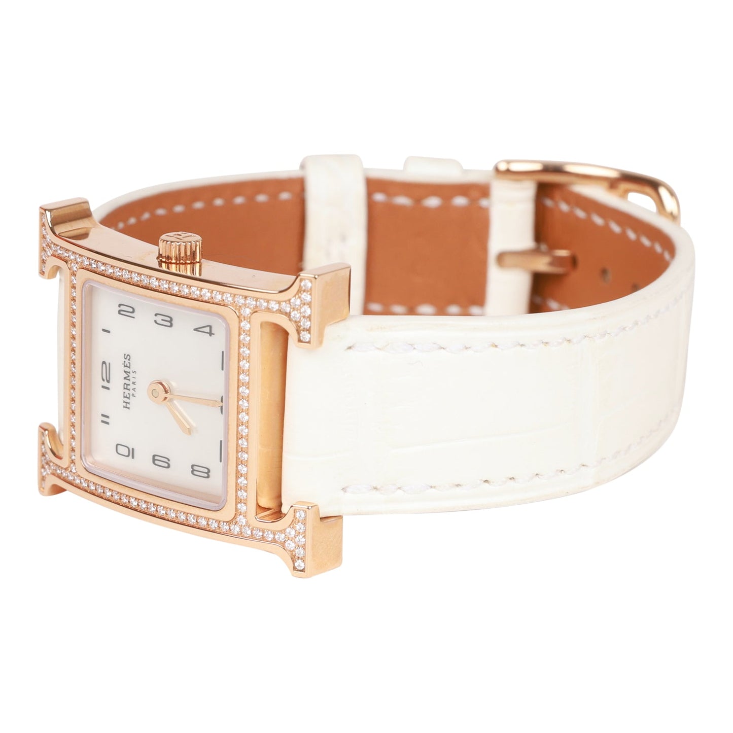 Hermes Mini H Hour Diamond Watch White Matte Alligator Band