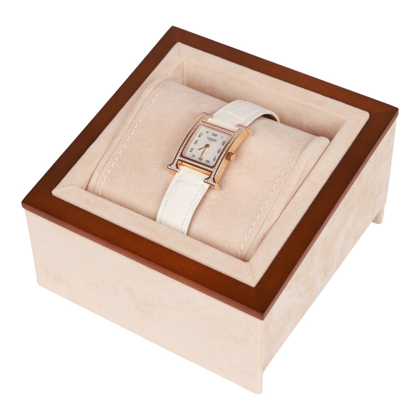 Hermes Mini H Hour Diamond Watch White Matte Alligator Band