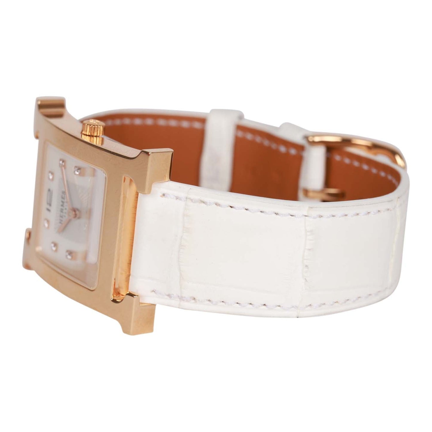 Hermes Small Heure H Watch Rose Gold White Matte Alligator Band