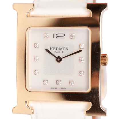 Hermes Small Heure H Watch Rose Gold White Matte Alligator Band