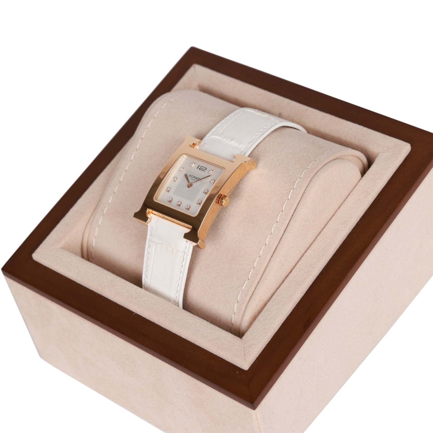 Hermes Small Heure H Watch Rose Gold White Matte Alligator Band