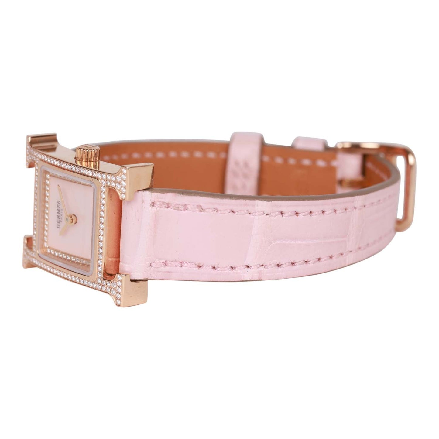 Hermes Rose Pale and Rose Opal Matte Alligator Heure H XS Diamond Watch