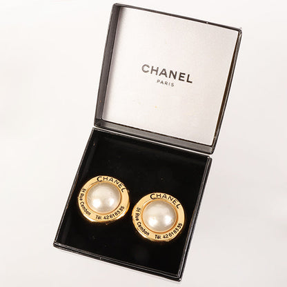 CHANEL Pearl Round Logo Cambon Earrings