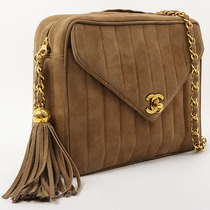 Chanel Suede V Flap Mademoiselle Stitch Fringe Chain Bag Mocha Brown