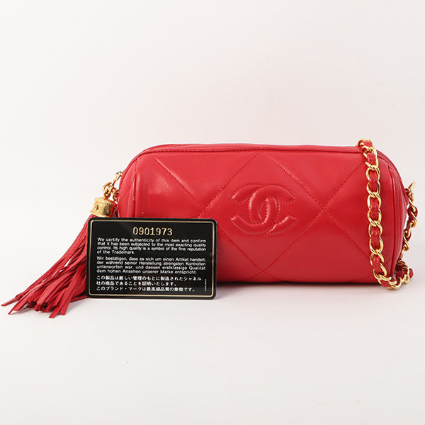 Chanel Around 1985~1990 Made Cc Mark Stitch Fringe Mini Chain Bag Red