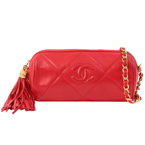 Chanel Around 1985~1990 Made Cc Mark Stitch Fringe Mini Chain Bag Red