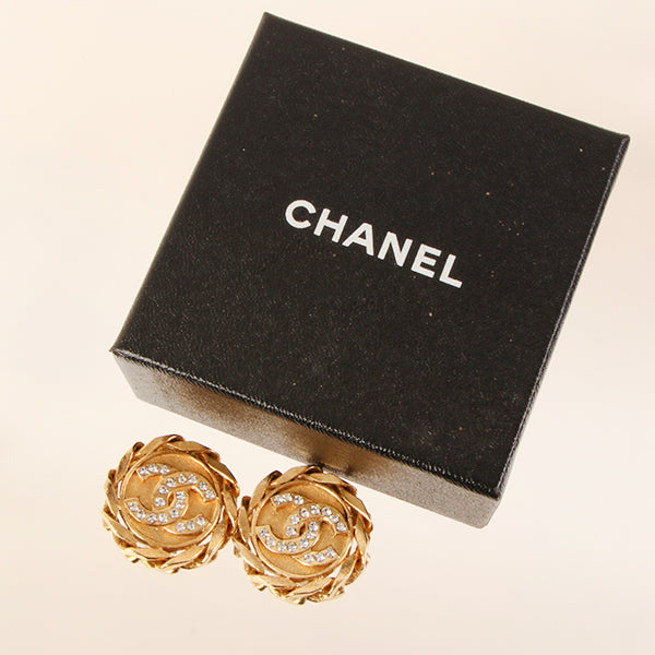 CHANEL 1988 Made Rhinestone Cc Mark Chain Edge Design Earrings