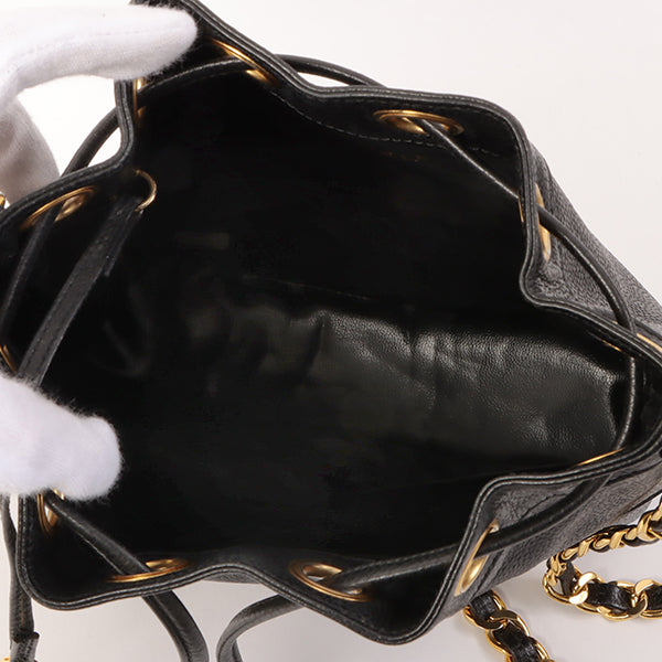 Chanel Around 1995 Made Caviar Skin 6 Cc Mark Plate Drawstring Shoulder Bag Mini Black